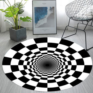 3D Visual Vortex Black&White Plaid Round Carpet
