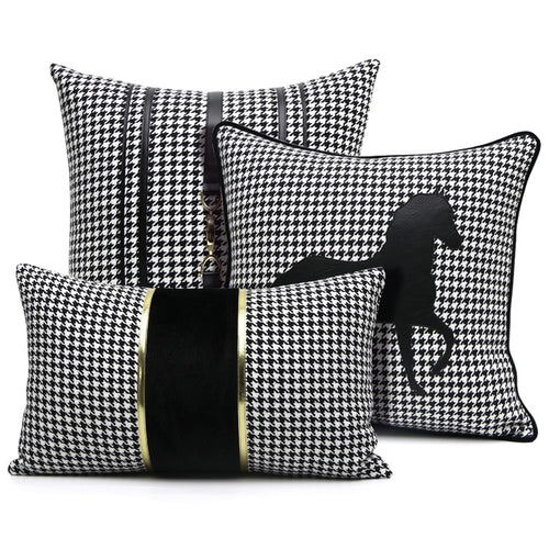 Luxury Black White Gold Leather Strip Cushion Cover 