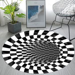 3D Visual Vortex Black&White Plaid Round Carpet