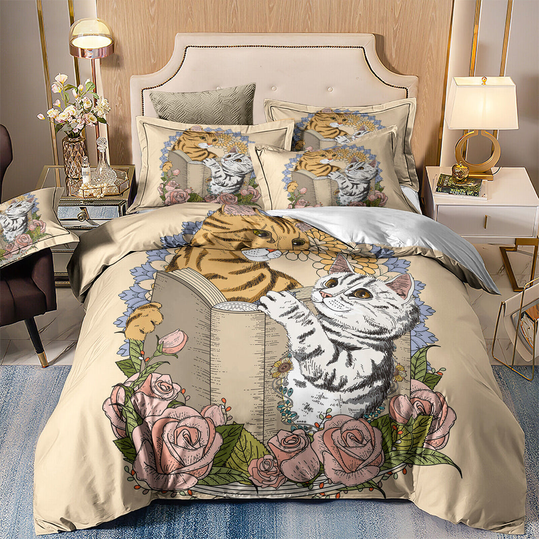 Floral Cat Animal Quilt Cover Set