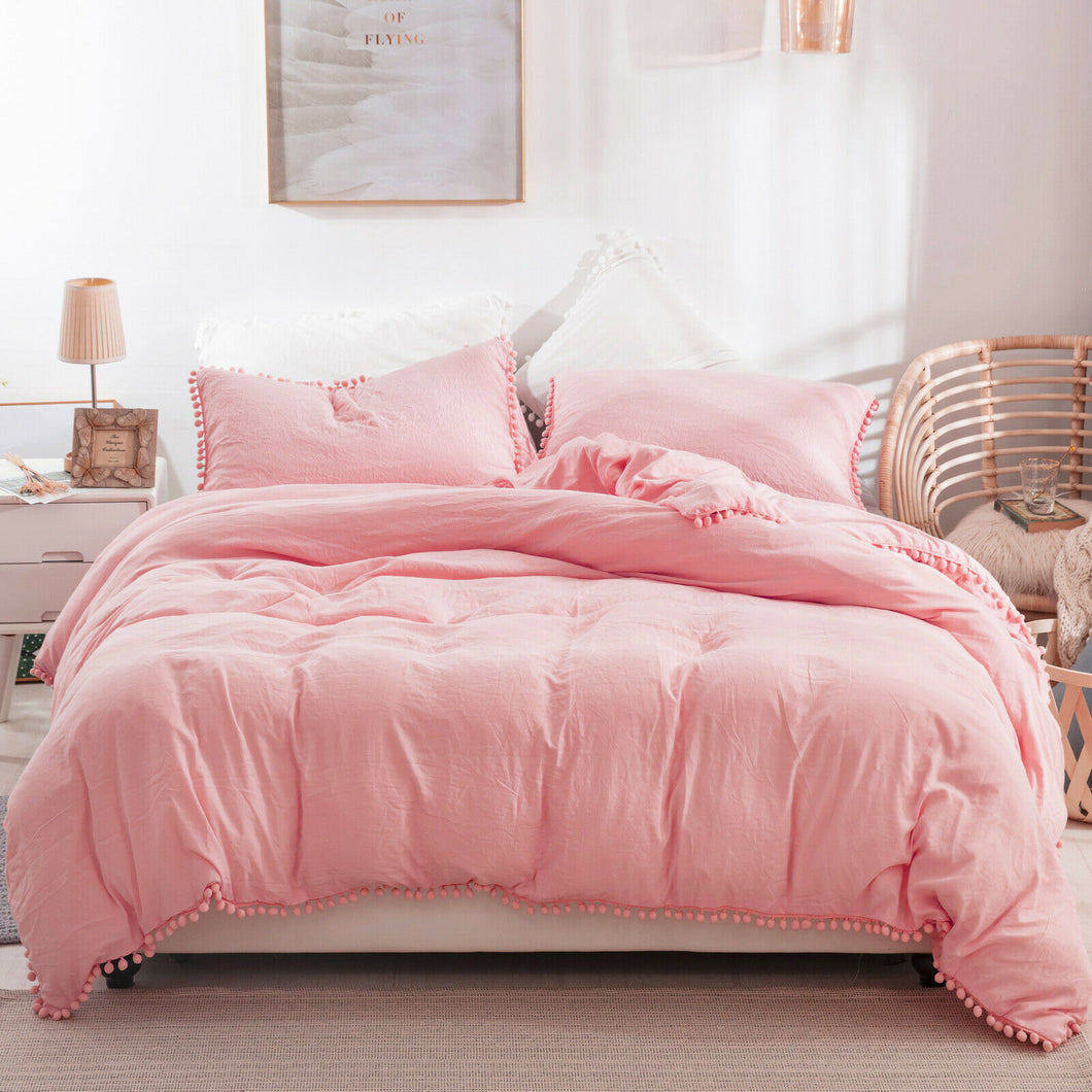 Solid Color Pom Pom Quilt  Cover Queen/King Size Bedding Pillowcase
