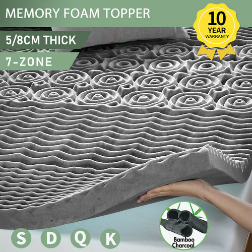 7 Zone 5/8CM Memory Foam Mattress Topper Underlay Bamboo Charcoal Queen All Size