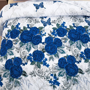 230X250cm Size Blue Floral Quilted Coverlet Bedspread Set Comforter Pillowcases