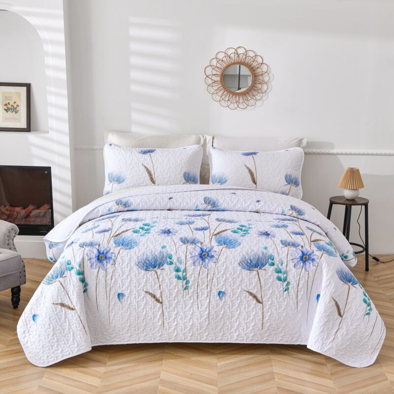 Florals Quilted Coverlet Patchwork Bedspread Queen Size Bedding Comforter Set AU