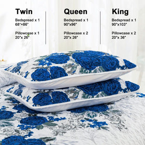 230X250cm Size Blue Floral Quilted Coverlet Bedspread Set Comforter Pillowcases
