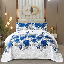 Load image into Gallery viewer, 230X250cm Size Blue Floral Quilted Coverlet Bedspread Set Comforter Pillowcases