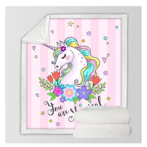 Unicorn Floral Cartoon Sherpa Blanket